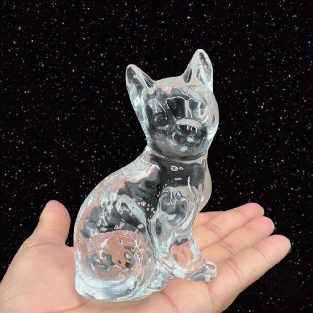 Clear Art Glass Cat‎ Feline Paperweight Figurine With Small Bubbles Bullicante